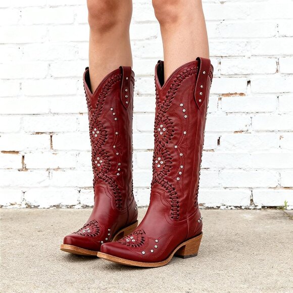 Women's Red Leather Embroidery Knee High Western Cowgirl Boots Lightweight - Picture 3 of 6